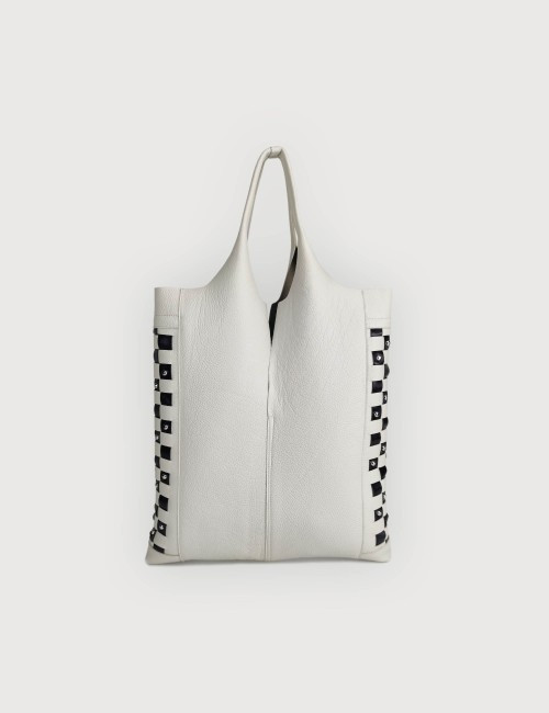 Envelope Shopping Bag in Leather with Interlaced Details - Off white