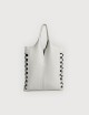 Borsa a Spalla Envelope Shopping in Pelle Martellata con Intreccio Nero - Off White