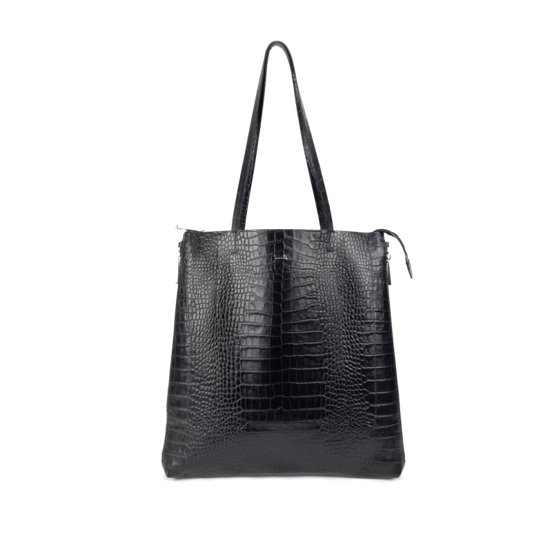 Zeus Shopping Bag in Crocodile Print Leather - Black