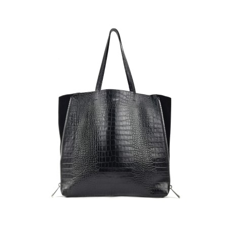 Zeus Shopping Bag in Crocodile Print Leather - Black