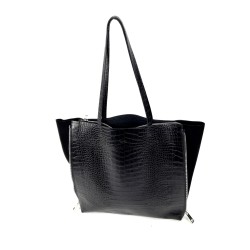 Zeus Shopping Bag in Crocodile Print Leather - Black