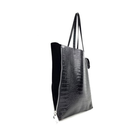 Zeus Shopping Bag in Crocodile Print Leather - Black